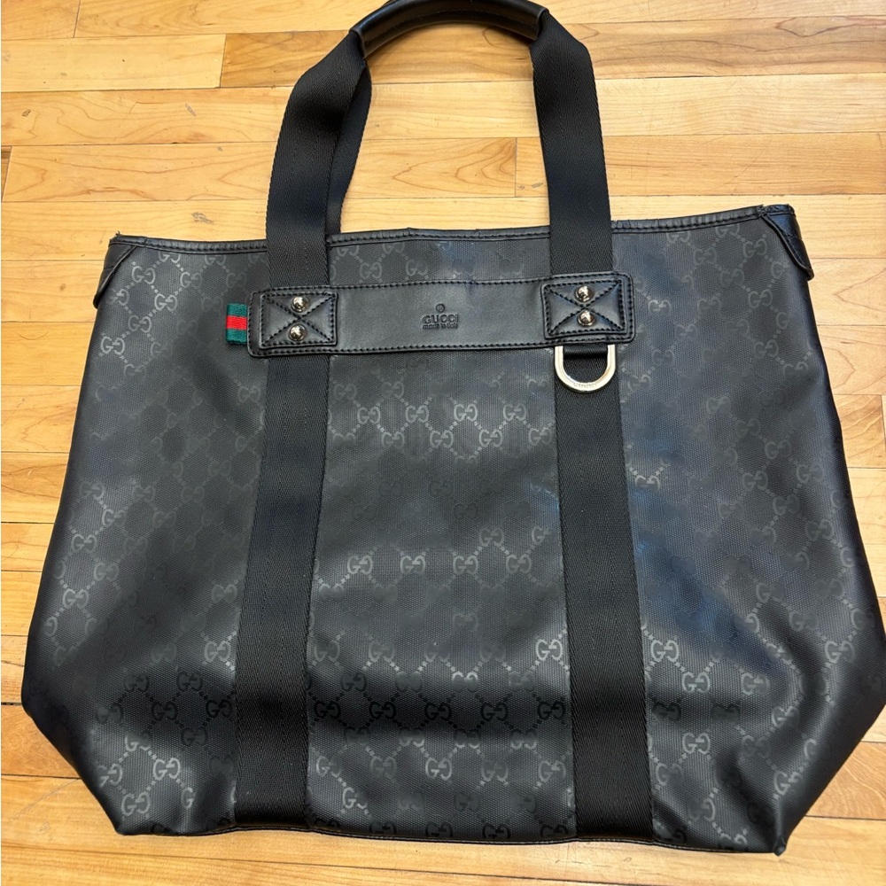 Gucci GG LEATHER blackcanvas web loop tote bag